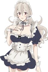  absurdres alternate_costume alternate_hairstyle apron black_dress black_nails breasts cleavage corrin_(female)_(fire_emblem) corrin_(fire_emblem) dress female fire_emblem fire_emblem_fates frilled_apron frills grey_hair hair_between_eyes highres large_breasts maid maid_apron maid_headdress nail_polish pointy_ears puffy_sleeves red_eyes sou_mei twintails waist_apron white_apron 