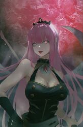  :p absurdres bare_shoulders black_choker black_dress black_gloves black_tiara breasts choker cleavage dress female gloves glowing glowing_eyes highres holding holding_scythe hololive hololive_english large_breasts long_hair looking_at_viewer moon mori_calliope mori_calliope_(1st_costume) pink_eyes pink_hair red_moon scythe shigumani solo tiara tongue tongue_out very_long_hair virtual_youtuber 