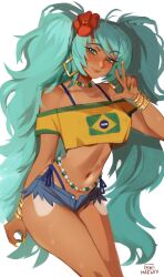  1girls absurd_res brazilian_flag brazilian_miku clothed clothing earrings female female_only flower_in_hair green_eyes green_hair hatsune_miku latin_american_hatsune_miku_(meme) long_hair looking_at_viewer maewix1 meme narrowed_eyes smiling smiling_at_viewer solo tan_body tan_skin twintails v_sign vocaloid white_background 