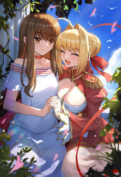  2girls absurdres ahoge blonde_hair blue_sky blush braid breasts brown_eyes brown_hair choker cleavage cleavage_cutout closed_eyes clothing_cutout cloud dress epaulettes fate/extella fate/extra fate_(series) hair_bun hair_intakes hair_ribbon happy highres holding_hands interlocked_fingers juliet_sleeves kishinami_hakuno_(female) large_breasts long_hair long_sleeves looking_at_another medium_breasts multiple_girls nero_claudius_(fate) nero_claudius_(fate/extra) off-shoulder_dress off_shoulder open_mouth puffy_sleeves red_choker red_dress red_ribbon ribbon shenqi_xiao_hong_zai_nali sidelocks sky smile teeth upper_teeth_only white_dress yuri 