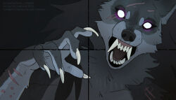  2024 5_fingers angry anthro big_fangs biped canid canine claws empty_eyes eye_scar facial_scar fangs female fingers fur grey_body grey_fur looking_at_viewer mammal mythological_canine mythological_creature mythology natalie_de_corsair scar solo teeth were werecanid werecanine werewolf white_claws white_eyes 