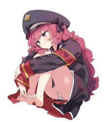  armband barefoot blue_archive blush coat expressionless female full_body grey_eyes hat highres iroha_(blue_archive) knees_to_chest long_hair looking_to_the_side panties pantyshot peaked_cap red_armband red_hair solo toes underwear waira white_panties 