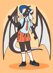  2022 anthro backpack beebeerock black_backpack black_body black_claws black_scales blue_clothing blue_hat blue_headwear bottomwear circle_background circle_shadow claws clothing cosplay digital_media_(artwork) draccy dragon eyebrows footwear hair hat headgear headwear hi_res holding_object holding_pokeball juliana_(pokemon) long_socks male membrane_(anatomy) membranous_wings mythological_creature mythological_scalie mythology necktie nintendo orange_background orange_bottomwear orange_clothing orange_necktie orange_shorts pattern_bottomwear pattern_clothing pattern_shorts pockets pokeball pokemon scales scalie shirt shoes shorts simple_background smile solo striped_bottomwear striped_clothing striped_shorts stripes tail topwear translucent translucent_hair velcro_footwear white_body white_clothing white_eyebrows white_inner_ear white_scales white_shirt white_topwear wings yellow_eyes 