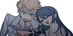  1boy beard black_eyes blonde_hair blue_eyes blue_hair collared_shirt commentary danganronpa:_trigger_happy_havoc danganronpa_(series) dot_nose dress_shirt ear_piercing earrings eyelashes facial_hair female fingernails forehead goatee half-closed_eyes hand_on_own_head head_tilt holding holding_knife jewelry knife kuwata_leon lapels light_blush long_hair long_sleeves maizono_sayaka morning_(d0nteat) multiple_piercings necklace nervous_sweating notched_lapels open_clothes open_mouth open_shirt pectoral_cleavage pectorals piercing red_tank_top sailor_collar scared school_uniform serafuku shaded_face shirt short_hair simple_background single_earring sleeves_past_wrists smile stud_earrings sweat tank_top teeth tied_beard upper_body upper_teeth_only very_long_hair white_background white_sailor_collar white_shirt 