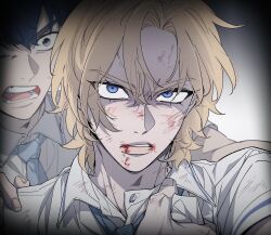  3boys angry blonde_hair blood blood_on_face blood_on_mouth blue_eyes blue_hair blue_necktie clothes_grab collared_shirt disembodied_hand eunho_(plave) gradient_background hair_between_eyes hand_on_another&#039;s_shoulder highres looking_at_another male_focus multiple_boys necktie noah_(plave) open_collar open_mouth p_o_p_dorodoro parted_lips plave shirt short_sleeves shouting sneer solo_focus teeth tongue upper_body white_shirt yejun_(plave) 