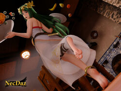  3d absurdres ancient_greek_clothes anklet apple artist_name back banana bare_shoulders barefoot blush bread breasts detached_leggings dress dutch_angle feet female food foot_focus forehead_jewel from_side fruit full_body greco-roman_clothes green_eyes green_hair highres holding holding_plate indoors jewelry kid_icarus kid_icarus_uprising large_breasts laurel_crown legs long_hair looking_at_viewer looking_back necdaz91 open_mouth orange_(fruit) palutena parted_bangs pear plate see-through see-through_dress shadow sidelocks single_detached_legging soles solo standing standing_on_one_leg tiptoes toenails toes very_long_hair white_dress 