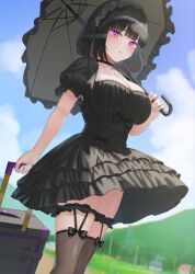  absurdres black_bow black_choker black_dress black_hair black_thighhighs blue_sky blunt_bangs blush bow breasts choker cleavage cloud collarbone day dress female frilled_sleeves frills highres holding holding_umbrella large_breasts layered_dress lolita_fashion looking_at_viewer original outdoors parasol parted_lips pink_eyes puffy_short_sleeves puffy_sleeves rolling_suitcase rushian short_hair short_sleeves sky smile solo suitcase thigh_strap thighhighs umbrella underbust 