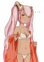  alternate_costume blackma_(pagus0012) breasts commentary dark-skinned_female dark_skin female fire_emblem fire_emblem_heroes highres laevatein_(fire_emblem) long_hair pink_hair red_eyes small_breasts solo symbol-only_commentary twintails underwear 