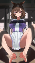  ahiru3desuyo animal_ears barefoot blush breasts brown_hair commentary_request ear_ornament feet female foot_focus foreshortening hair_between_eyes highres horse_ears horse_girl horse_tail large_breasts long_hair looking_at_viewer multicolored_hair open_mouth pleated_skirt presenting_foot purple_shirt red_eyes sailor_collar school_uniform shirt sirius_symboli_(umamusume) skirt soles solo streaked_hair tail toes tracen_school_uniform umamusume very_long_hair white_hair white_skirt 