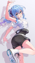  ass black_leotard black_shorts blue_eyes blue_hair blue_nails blush breasts character_name clothes_writing commentary_request crop_top crop_top_overhang crossed_bangs dancing double-parted_bangs drop_shadow english_commentary female foot_out_of_frame gradient_hair hair_between_eyes hair_ribbon hand_up high_tops highres hololive hololive_dance_practice_uniform hoshimachi_suisei leotard leotard_under_clothes looking_at_viewer medium_hair mixed-language_commentary multicolored_hair nail_polish official_alternate_costume open_mouth purple_hair qussie ribbon shirt shoe_soles shoes short_shorts shorts side_ponytail sidelocks simple_background small_breasts smile sneakers solo standing standing_on_one_leg star_(symbol) star_in_eye sweat symbol_in_eye t-shirt virtual_youtuber white_footwear white_shirt 