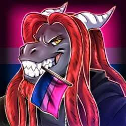  2_horns anthro apode bisexual_pride_colors black_body black_clothing black_hoodie black_scales black_topwear bust_portrait clothed clothed_anthro clothed_male clothing colored curved_horn digital_drawing_(artwork) digital_media_(artwork) draconcopode dragon dreadlocks facial_hair fangs flag flag_in_mouth furrowed_brow goatee grey_clothing grey_shirt grey_topwear hair hair_over_shoulder hoodie horn hybrid icon jerichoe knux_(maestroknux) legless lgbt_pride long_hair looking_at_viewer male male_anthro mythological_creature mythological_scalie mythology naga object_in_mouth open_clothing open_hoodie open_topwear portrait pride_color_background pride_color_flag pride_colors red_facial_hair red_goatee red_hair scales scalie serpentine shaded shirt simple_background smile smiling_at_viewer solo teeth toothy_grin topwear white_horn yellow_eyes 