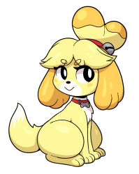  animal_crossing black_eyes canid canine canis collar dipstick_tail domestic_dog female feral feralized hi_res isabelle_(animal_crossing) mammal markings miso_souperstar nintendo pupils shih_tzu smile solo tail tail_markings toy_dog white_pupils yellow_body 