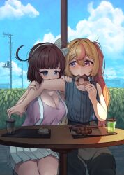  2girls absurdres bite_mark bite_mark_on_arm black_pants blonde_hair blue_shirt blue_sky bow breasts cleavage cleavage_cutout clothing_cutout commentary_request cup doughnut drinking_straw food hairbow headband highres holding holding_food large_breasts long_hair looking_at_another looking_to_the_side multicolored_hair multiple_girls original pants pink_hair purple_eyes purple_shirt red_hair shirt short_hair sitting skirt sky table tongue tongue_out twintails very_long_hair wanashi_tam white_headband white_skirt yuri 