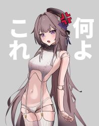  :o absurdres alternate_costume anger_vein bare_shoulders beret breasts brown_hair cowboy_shot doll_joints female flower grey_background hair_flower hair_ornament hat hereokita herta_(honkai:_star_rail) highres honkai:_star_rail honkai_(series) joints long_hair meme_attire navel open_mouth panties purple_eyes purple_flower small_breasts solo stomach thighhighs thighs underwear virgin_destroyer_sweater white_panties white_thighhighs 