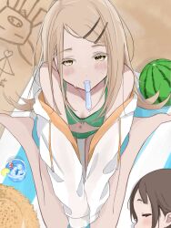  2girls ai_ai_gasa ball beachball bikini blonde_hair blush breasts cleavage colored_eyelashes drink drinking_straw food_in_mouth from_above gakuen_idolmaster glass green_bikini hat highres idolmaster kimi_to_semi_blue_(idolmaster) koukei_(idolmaster) kuramoto_china looking_at_viewer looking_up m_legs multiple_girls navel sand sand_writing sexually_suggestive shinosawa_hiro sitting slime_kouhai small_breasts solo_focus straw_hat striped_towel sweat swimsuit towel wariza watermelon_beachball 