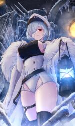  artillery azur_lane bandage_over_one_eye black_thighhighs blue_hair breasts coat female framed_breasts from_below fur-trimmed_coat fur_trim gloves hair_over_one_eye hand_on_own_chest hat highres holding holding_lantern ice kuybyshev_(azur_lane) lantern large_breasts o-ring_strap peaked_cap red_eyes rigging short_hair sideboob solo standing thighhighs turret underboob waa!_okami white_coat white_gloves 