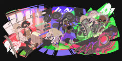  1boy 6+girls baggy_pants big_man_(splatoon) callie_(splatoon) casual frye_(splatoon) highres holding holding_microphone inoue_seita marie_(splatoon) marina_(splatoon) microphone multiple_girls music official_art pants pearl_(splatoon) promotional_art shiver_(splatoon) singing sitting splatoon_(series) splatoon_1 splatoon_2 splatoon_3 suitcase tentacle_hair train_interior 