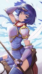  armor armored_gloves blue_eyes blue_hair blush breastplate breasts cloud detached_sleeves feathers female fire_emblem fire_emblem:_mystery_of_the_emblem fire_emblem:_shadow_dragon_and_the_blade_of_light fire_emblem_heroes floating_hair gloves headband highres holding holding_polearm holding_weapon looking_at_viewer open_mouth pegasus pegasus_knight_uniform_(fire_emblem) polearm red_scarf riding saddle salute scarf seerdraws short_hair side_slit sitting sky smile solo teeth thighhighs thighs weapon white_headband 