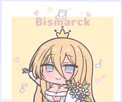  artist_name azur_lane bismarck_(azur_lane) blonde_hair blue_eyes blue_flower bouquet breasts character_name cleavage clothing_cutout commentary crown dress female flower futaba_(anti_clockwise) gloves hair_between_eyes holding holding_bouquet holding_jewelry holding_ring jewelry large_breasts long_hair_between_eyes mini_crown mole mole_under_eye musical_note official_alternate_costume pink_flower ring smile symbol-only_commentary underboob_cutout wedding_dress wedding_ring white_gloves yellow_flower 