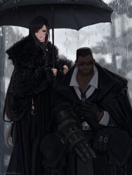  1boy absurdres almondtofu_boy arm_cannon barret_wallace beard black_coat black_dress black_gloves black_hair black_suit coat dark-skinned_male dark_skin dress facial_hair female final_fantasy final_fantasy_vii fur_coat gatling_gun gloves highres holding holding_umbrella loose_necktie necktie rain sitting suit sunglasses tifa_lockhart umbrella weapon 