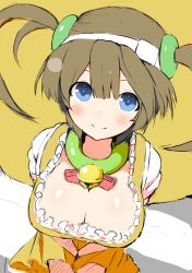  bell blue_eyes blush breasts brown_hair choker cleavage closed_mouth dress female gessen_academy_uniform green_choker hair_ornament hat jingle_bell large_breasts long_hair looking_at_viewer minori_(senran_kagura) neck_bell ring_hair_ornament senran_kagura senran_kagura_estival_versus senran_kagura_shinovi_versus smile solo tottotonero twintails yellow_dress 