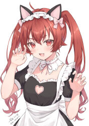  ahoge alternate_costume animal_ears apron artist_name blush breasts cat_ears claw_pose clothing_cutout commentary enmaided eris_greyrat fake_animal_ears female hands_up heart_cutout highres long_hair looking_at_viewer maid maid_apron maid_headdress mushoku_tensei oerba_yun_fang omagari_kei open_mouth puffy_short_sleeves puffy_sleeves red_eyes red_hair short_sleeves small_breasts solo twintails twitter_username upper_body white_headdress 