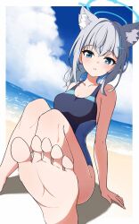  absurdres animal_ear_fluff animal_ears arm_at_side bare_shoulders barefoot beach blue_archive blue_eyes blue_halo blue_one-piece_swimsuit blush border breasts cleavage cloud collarbone commentary day diamond-shaped_pupils diamond_(shape) dutch_angle extra_ears feet female foot_focus foot_out_of_frame foreshortening grey_hair hair_between_eyes halo highres looking_at_viewer medium_breasts medium_hair mismatched_pupils ocean one-piece_swimsuit outdoors outside_border parted_lips ponytail shiroko_(blue_archive) shiroko_(swimsuit)_(blue_archive) sidelocks soles solo swimsuit symbol-shaped_pupils toes tsurime user_weyp3477 white_border wolf_ears 