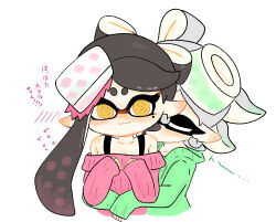  2girls absurdres blush callie_(splatoon) earrings hat highres hug hyousetu_gekkou inkling jewelry kissing_shoulder marie_(splatoon) mole multiple_girls off-shoulder_sweater off_shoulder pointy_ears splatoon_(series) sweater tentacle_hair translation_request yuri 