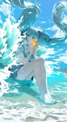  absurdres aqua_eyes aqua_hair aqua_nails aqua_neckerchief barefoot blue_skirt blue_sky cloud collared_shirt commentary day female floating_hair full_body glowing hatsune_miku highres holding holding_seashell hya_ro lighthouse long_hair looking_at_viewer miniskirt neckerchief outdoors parted_lips pleated_skirt school_uniform serafuku shirt sitting sitting_on_water skirt sky solo symbol-only_commentary twintails very_long_hair vocaloid water white_shirt 