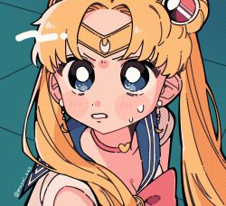  bishoujo_senshi_sailor_moon blonde_hair blue_eyes blue_sailor_collar breasts bright_pupils choker cleavage crescent crescent_earrings diadem double_bun earrings female hair_bun heart heart_choker highres jewelry magical_girl mayoi_zzz meme pink_choker sailor_collar sailor_moon sailor_moon_redraw_challenge_(meme) sailor_senshi_uniform solo sweat tsukino_usagi twintails twitter_username white_pupils 