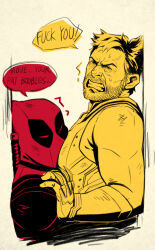  2boys annoyed asd4486 beard bodysuit claw_(weapon) clenched_teeth deadpool deadpool_&amp;_wolverine deadpool_(series) english_commentary english_text face_to_pecs facial_hair highres katana large_pectorals male_focus marvel mature_male multiple_boys muscular muscular_male pectorals red_bodysuit red_mask sleeveless speech_bubble superhero_costume sweatdrop sword sword_on_back teeth veins weapon weapon_on_back wolverine_(x-men) x-men yaoi 