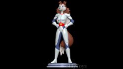  3d_(artwork) 3d_modeling 3d_print anthro armor belt blue_eyes boots brown_body brown_fur canid canine clothed clothing collar colleen_(road_rovers) digital_media_(artwork) ears_down female footwear fur gloves hands_on_hips handwear hi_res lowered lowered_tail mammal pivoted_ears road_rovers shoes sillytoys simple_background smile solo stage tight_clothing white_body white_fur 