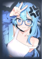  absurdres ahoge airenif anger_vein bespectacled blue-framed_eyewear blue_hair blue_jacket blush closed_mouth female glasses grey_background highres hololive hoshimachi_suisei jacket long_hair long_sleeves looking_at_viewer off_shoulder semi-rimless_eyewear shadow solo star_(symbol) star_in_eye strap_slip sweat symbol_in_eye tank_top under-rim_eyewear upper_body v v-shaped_eyebrows virtual_youtuber white_tank_top 