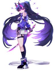  :&lt; black_footwear boots breasts closed_mouth dduehddueh female full_body gloves highres holding holding_sword holding_weapon honkai_(series) honkai_impact_3rd horns jacket katana long_hair long_sleeves looking_at_viewer looking_back medium_breasts partially_fingerless_gloves purple_eyes purple_gloves purple_hair purple_jacket purple_shirt purple_thighhighs raiden_mei raiden_mei_(haunted_dusk) raiden_mei_(herrscher_of_thunder) shadow shirt simple_background solo standing sword thighhighs very_long_hair weapon white_background 