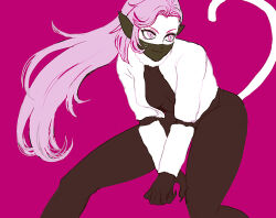  animal_ears arms_between_legs black_mask breasts cat_ears claws cleavage_cutout clothing_cutout commentary feet_out_of_frame female hair_intakes jacket long_hair looking_ahead mask mouth_mask nekomata_(megami_tensei) no_lineart pink_background pink_eyes pink_hair pink_theme sanbonosrmkr shin_megami_tensei small_breasts smile symbol-only_commentary tail thighs white_jacket 