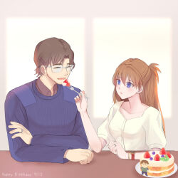  1boy aged_up aida_kensuke beard birthday blue_eyes breasts brown_hair cake eating evangelion:_3.0+1.0_thrice_upon_a_time facial_hair female food fork fruit glasses grin hair_between_eyes happy_birthday long_hair looking_at_another neon_genesis_evangelion non-web_source rebuild_of_evangelion sitting smile souryuu_asuka_langley strawberry sweater watch 