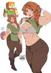  abs alex_(minecraft) bouquet bra breasts brown_footwear cleavage dual_persona female green_eyes green_shirt highres holding kamii_momoru large_breasts lips long_hair looking_at_viewer midriff minecraft muscular muscular_female navel open_mouth orange_hair pants shirt short_sleeves smile underwear 