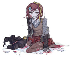  belt belt_buckle black_hat black_jacket blazer blood blood_on_face blood_on_feet blood_on_hands blue_gemstone blunt_bangs bob_cut brown_eyes brown_pantyhose brown_vest buckle buttons closed_mouth collared_jacket collared_shirt commentary danganronpa_(series) danganronpa_v3:_killing_harmony dirty dot_nose eyelashes female fingernails full_body gem gem_hair_ornament glass_shards grey_shirt hair_ornament hairclip hat hat_belt injury jacket jacket_partially_removed kneeling lapels light_blush miniskirt morning_(d0nteat) no_shoes notched_lapels object_on_head pantyhose pink_belt pleated_skirt puddle red_hair red_skirt shirt short_hair simple_background skirt solo torn_clothes torn_pantyhose unworn_hat unworn_headwear v-neck vest water_drop wavy_mouth wet white_background witch_hat yumeno_himiko 