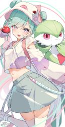  absurdres aqua_hair beanie colored_skin female gardevoir glorious_day_(vocaloid) green_hair green_skin hat hatsune_miku highres holding holding_poke_ball looking_at_viewer midriff multicolored_skin navel open_mouth pink_eyes poke_ball poke_ball_(basic) poke_ball_symbol pokemon pokemon_(creature) project_voltage ramchi skirt smile thighhighs twintails two-tone_skin vocaloid white_footwear white_skin white_thighhighs 