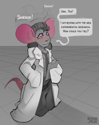  2023 absurd_res anthro bottomwear clothing coat dialogue digital_media_(artwork) english_text female floor hi_res holding_object krim_hue lab_coat looking_up mammal mouse murid murine necktie pants rat rodent shrinking size_transformation solo tail text topwear transformation whiskers 