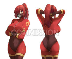  absurdres arms_behind_head arms_under_breasts ass bodysuit breasts commission female genderswap_(otf) gloves highres impossible_bodysuit impossible_clothes kwkunai large_breasts latex latex_bodysuit long_hair looking_at_viewer multiple_views ponytail pyro_(tf2) red_bodysuit red_eyes red_gloves red_hair red_pyro_(tf2) rule_63 simple_background team_fortress_2 white_background zipper zipper_pull_tab 