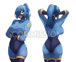  absurdres arms_behind_head arms_under_breasts ass blu_pyro_(tf2) blue_bodysuit blue_eyes blue_gloves blue_hair bodysuit breasts commission female genderswap_(otf) gloves highres impossible_bodysuit impossible_clothes kwkunai large_breasts latex latex_bodysuit long_hair looking_at_viewer multiple_views ponytail pyro_(tf2) rule_63 simple_background team_fortress_2 white_background zipper zipper_pull_tab 