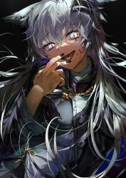  a0lp animal_ears arknights black_background black_jacket black_nails blood blood_on_face cross female fingernails grey_hair hair_between_eyes hand_up highres jacket lappland_(arknights) latin_cross long_fingernails long_hair long_sleeves looking_at_viewer nail_polish open_mouth scar scar_across_eye scar_on_hand sharp_teeth simple_background slit_pupils smile solo teeth tongue tongue_out upper_body white_eyes wolf_ears wolf_girl 