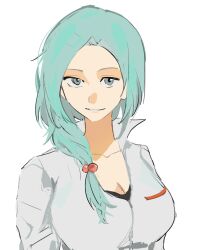  aqua_eyes aqua_hair black_shirt breasts buyaokaoji cleavage collarbone enomoto_noa female forehead hair_bobbles hair_ornament highres jacket large_breasts looking_at_viewer saibou_shinkyoku shirt simple_background smile solo upper_body white_background white_jacket 