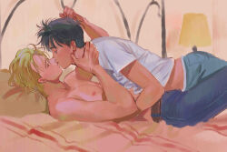  ash_lynx banana_fish bed bed_frame black_hair blonde_hair couple denim hand_on_another&#039;s_neck highres interracial jeans kissing koyasuyasuko12 lamp lying lying_on_person nipples okumura_eiji on_back pants pillow shirt short_hair t-shirt topless_male white_shirt yaoi 