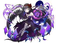  akemi_homura akuma_homura argyle_clothes argyle_thighhighs armlet artist_request bare_shoulders black_collar black_dress black_footwear black_gloves black_hair black_wings bow collar crossed_legs detached_collar diamond_(shape) dot_nose dress elbow_gloves elemental_story feather-trimmed_dress feathered_wings feathers female finger_to_cheek floating_hair full_body gem gloves glowing grey_thighhighs hairband hairbow high_collar jewelry long_dress long_hair looking_at_viewer magic mahou_shoujo_madoka_magica object_floating_above_hand official_art parted_lips purple_eyes purple_gemstone red_bow red_hairband second-party_source shoes side_slit smile solo soul_gem space sparkle straight_hair strapless strapless_dress thighhighs transparent_background tsurime two-sided_dress two-sided_fabric very_long_hair wings 