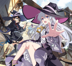  2girls bare_legs black_capelet black_dress black_hair black_hat blue_eyes blue_sky boots broom broom_riding capelet cityscape dress elaina_(majo_no_tabitabi) grey_capelet grey_footwear grey_hair hat long_hair looking_at_viewer majo_no_tabitabi multiple_girls nyoro_(nyoronyoro000) open_mouth outdoors purple_eyes ribbon saya_(majo_no_tabitabi) short_hair sky teeth upper_teeth_only witch witch_hat yellow_ribbon 