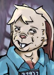  anthro apollo_caelum_(artist) buckteeth chest_tuft clothed clothing digital_media_(artwork) disco_elysium fur humanoid inmates_clothing lagomorph leporid long_ears looking_away male mammal multicolored_body multicolored_fur number open_mouth pink_body pink_fur prisoner rabbit simple_background solo teeth tobi_(wiener-fag) topwear tuft two_tone_body two_tone_fur 