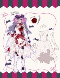  absurdres alternate_costume animal_print bare_shoulders bat_(animal) bat_print black_border black_flower black_rose blood blood_on_body blood_on_breasts blood_on_clothes blood_on_dress blood_on_leg blood_on_neck blood_stain blue_eyes boots border bow breasts bridal_veil bride cleavage detached_collar dress dyed_bangs elbow_gloves female flower gloves grey_veil hair_between_eyes hair_flower hair_ornament halloween halloween_costume head_wreath highres hiiragi_yuzu multicolored_hair needle pink_hair red_border red_flower red_pupils red_rose reference_sheet rose runny_makeup scar scar_on_arm scar_on_chest short_hair short_twintails simple_background solo strapless strapless_dress striped_border thigh_boots thighhighs torn_boots torn_clothes torn_dress torn_footwear torn_gloves torn_thighhighs torn_veil translation_request twintails two-tone_hair udoshiyo veil waist_bow wedding_dress white_background white_bow white_dress white_gloves white_thighhighs yu-gi-oh! yu-gi-oh!_arc-v 