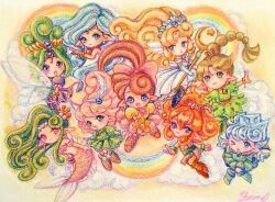  blonde_hair blue_eyes braid character_counter_request character_request curly_hair earrings fairy_wings flower_wand green_eyes green_hair holding jewelry lip_(panel_de_pon) mermaid monster_girl multiple_girls orange_hair panel_de_pon pink_eyes pink_hair pointy_ears red_hair single_braid sphere_earrings staff wings 